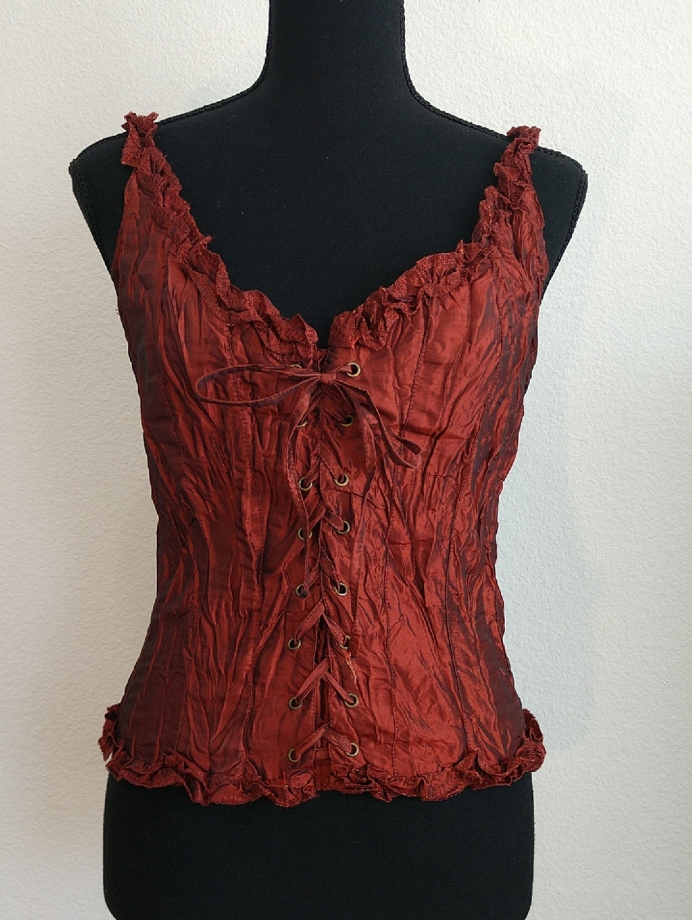Lace-Up Ruffle Satin Camisole in Rust Red